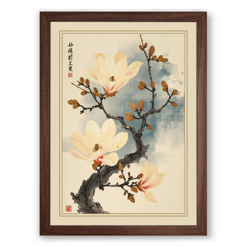 Moonlit Cherry Blossom Japandi Framed Wall Art Print A1 (84.1×59.4cm) Walnut, Wall Decor for Living Room, Bedroom, Office & Home, Ready to Hang, Art Gift