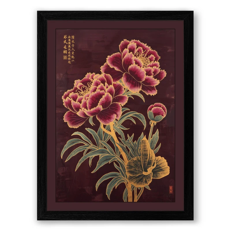 Ornate Peonies with Script Botanical Framed Wall Art Print A1 (84.1×59.4cm) Black, Wall Decor for Living Room, Bedroom, Office & Home, Ready to Hang, Art Gift