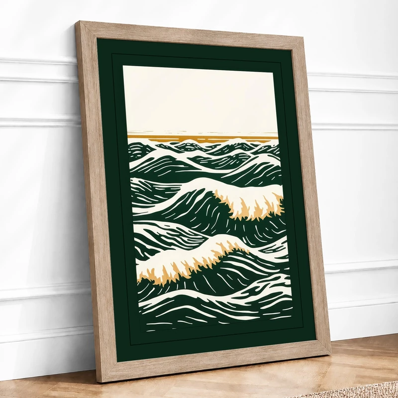 Rolling Waves Coastal Framed Wall Art Print A1 (84.1×59.4cm) Oak, Wall Decor for Living Room, Bedroom, Office & Home, Ready to Hang, Art Gift