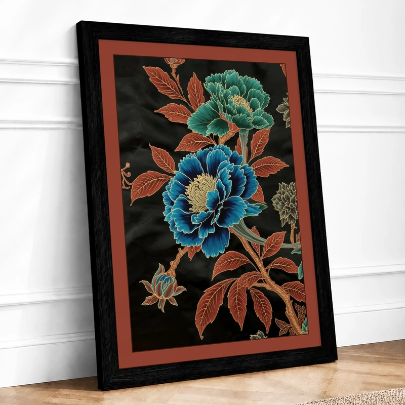 Embroidered Peonies Botanical Framed Wall Art Print A1 (84.1×59.4cm) Black, Wall Decor for Living Room, Bedroom, Office & Home, Ready to Hang, Art Gift - Image 1
