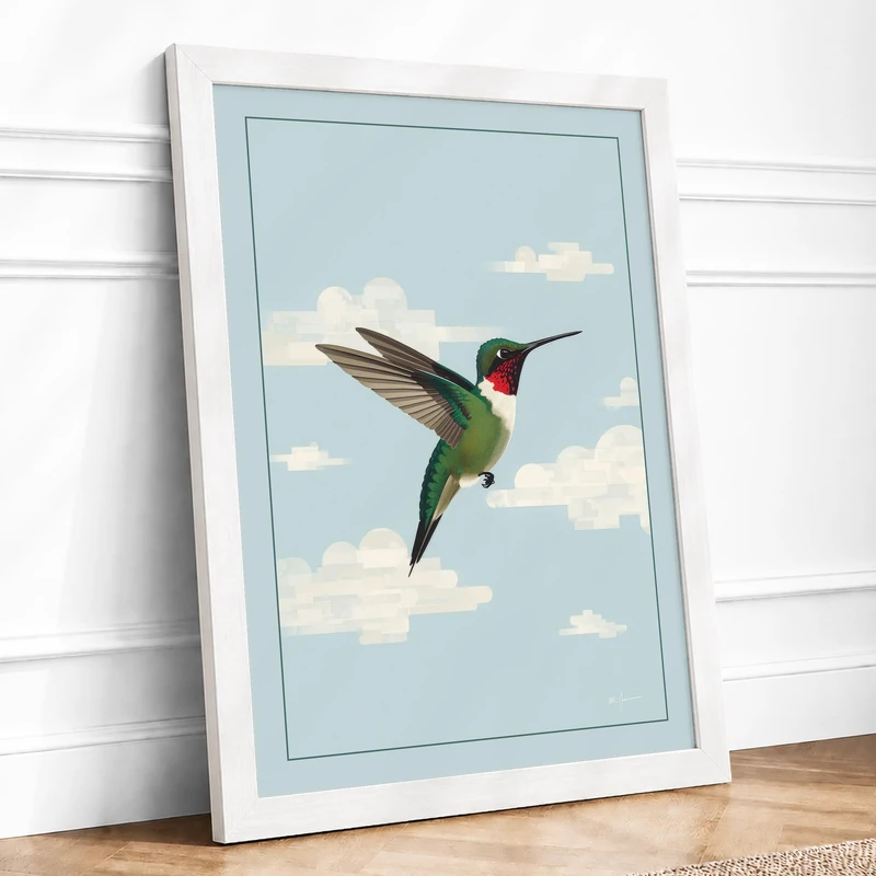 Hummingbird in Flight Modern Framed Wall Art Print A1 (84.1×59.4cm) White, Wall Decor for Living Room, Bedroom, Office & Home, Ready to Hang, Art Gift - Image 1