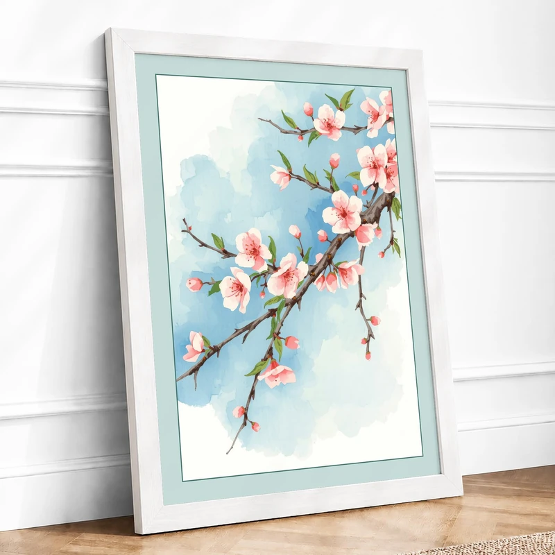 Moonlit Cherry Blossom Botanical Framed Wall Art Print A1 (84.1×59.4cm) White, Wall Decor for Living Room, Bedroom, Office & Home, Ready to Hang, Art Gift