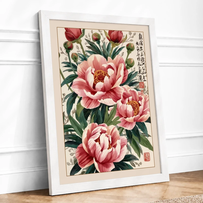 Moonlit Peonies Botanical Framed Wall Art Print A1 (84.1×59.4cm) White, Wall Decor for Living Room, Bedroom, Office & Home, Ready to Hang, Art Gift