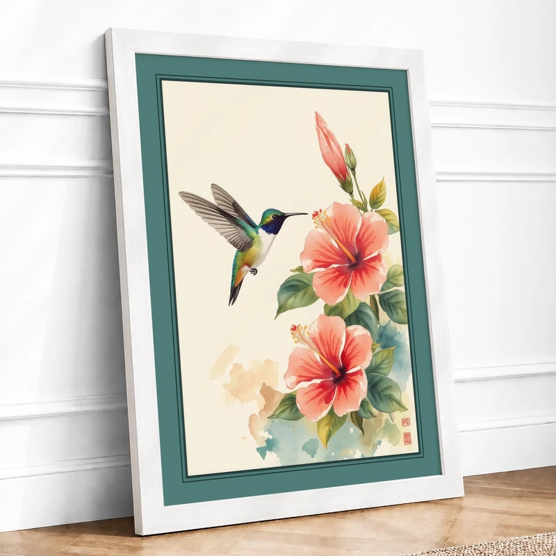 Hummingbird and Coral Blooms Botanical Framed Wall Art Print A1 (84.1×59.4cm) White, Wall Decor for Living Room, Bedroom, Office & Home, Ready to Hang, Art Gift