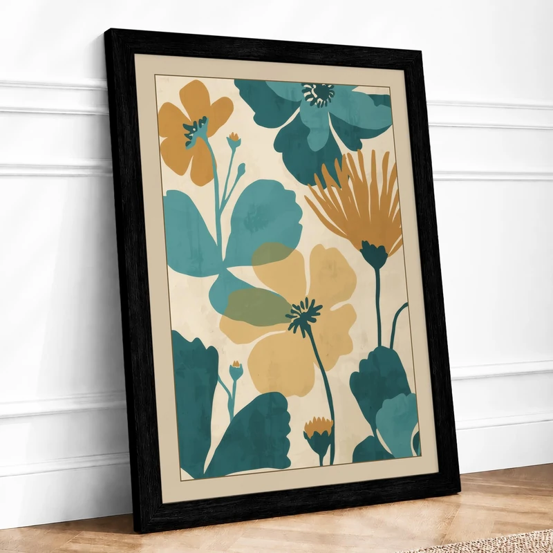 Ochre Flourish Botanical Framed Wall Art Print A1 (84.1×59.4cm) Black, Wall Decor for Living Room, Bedroom, Office & Home, Ready to Hang, Art Gift