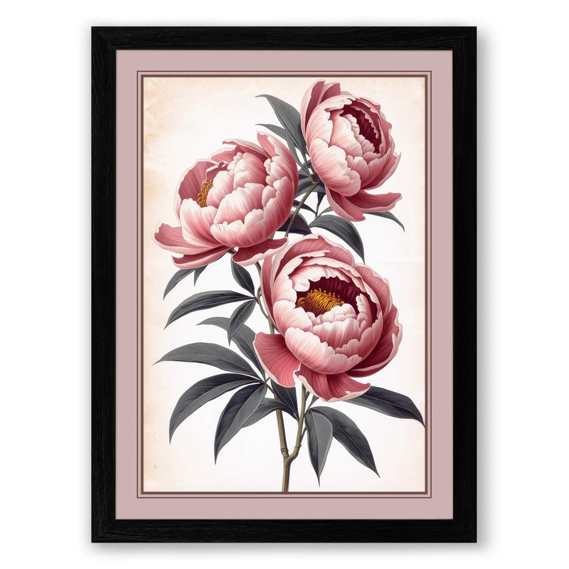 Three Peonies in Pink Botanical Framed Wall Art Print A1 (84.1×59.4cm) Black, Wall Decor for Living Room, Bedroom, Office & Home, Ready to Hang, Art Gift