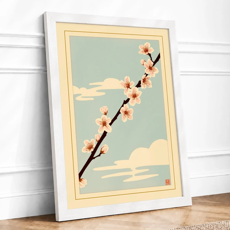 Reaching for Blossoms Japandi Framed Wall Art Print A1 (84.1×59.4cm) White, Wall Decor for Living Room, Bedroom, Office & Home, Ready to Hang, Art Gift