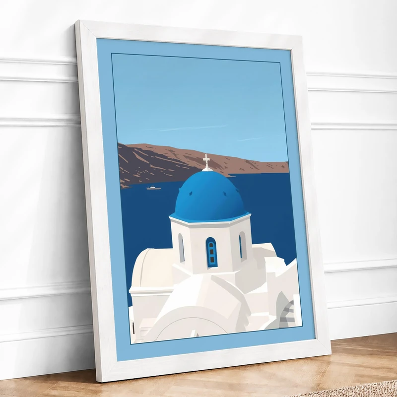 Clifftop Chapel in Blue Coastal Framed Wall Art Print A1 (84.1×59.4cm) White, Wall Decor for Living Room, Bedroom, Office & Home, Ready to Hang, Art Gift - Image 1