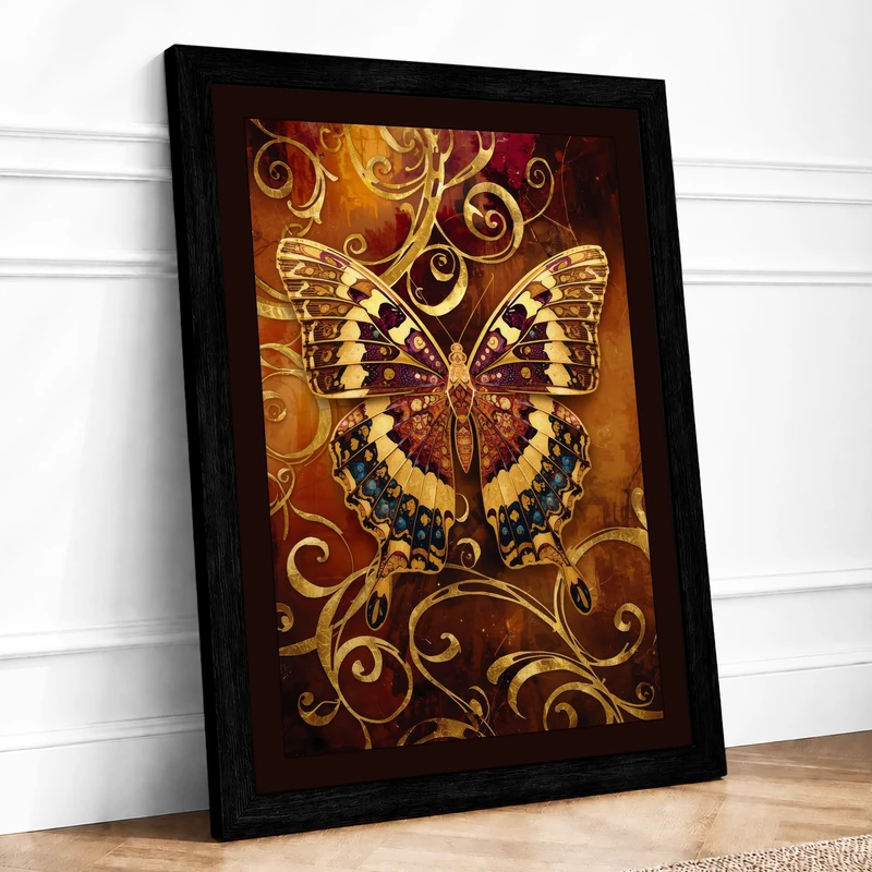 Golden Butterfly Flourish Vintage Framed Wall Art Print A1 (84.1×59.4cm) Black, Wall Decor for Living Room, Bedroom, Office & Home, Ready to Hang, Art Gift