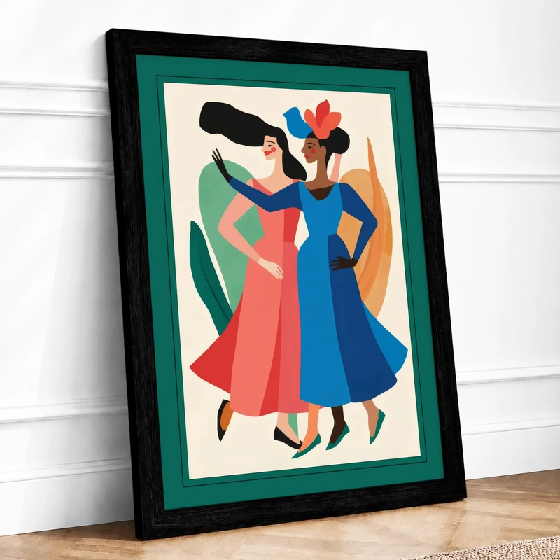 Two Women Together Mid-Century Framed Wall Art Print A1 (84.1×59.4cm) Black, Wall Decor for Living Room, Bedroom, Office & Home, Ready to Hang, Art Gift - Image 1