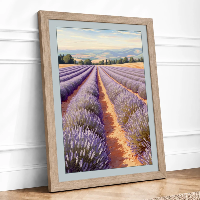 Lavender Fields in Distance Rustic Framed Wall Art Print A1 (84.1×59.4cm) Oak, Wall Decor for Living Room, Bedroom, Office & Home, Ready to Hang, Art Gift