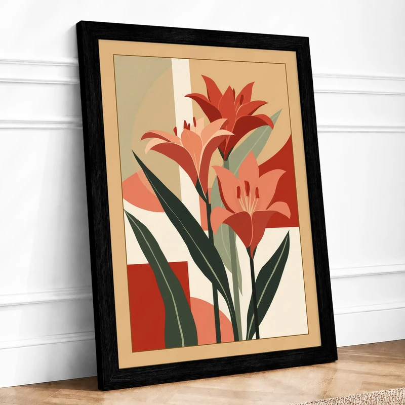 Lilies on Stripe Botanical Framed Wall Art Print A1 (84.1×59.4cm) Black, Wall Decor for Living Room, Bedroom, Office & Home, Ready to Hang, Art Gift - Image 1