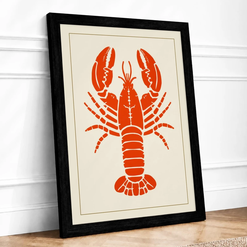 Scarlet Lobster Graphic Framed Wall Art Print A1 (84.1×59.4cm) Black, Wall Decor for Living Room, Bedroom, Office & Home, Ready to Hang, Art Gift