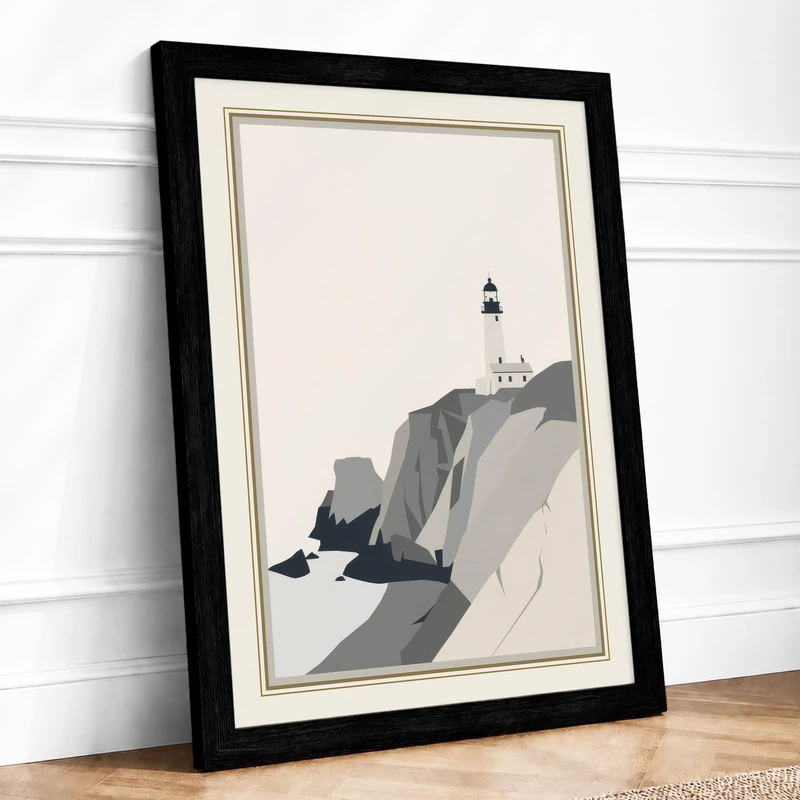 Lighthouse on the Cliff Minimalist Framed Wall Art Print A1 (84.1×59.4cm) Black, Wall Decor for Living Room, Bedroom, Office & Home, Ready to Hang, Art Gift