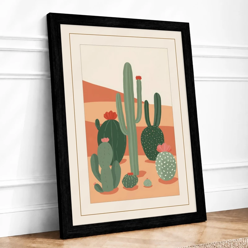 Desert Cacti Landscape Minimalist Framed Wall Art Print A1 (84.1×59.4cm) Black, Wall Decor for Living Room, Bedroom, Office & Home, Ready to Hang, Art Gift