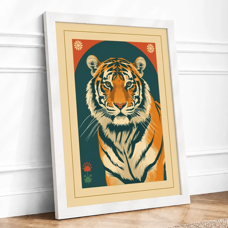 Tiger Portrait Japandi Framed Wall Art Print A1 (84.1×59.4cm) White, Wall Decor for Living Room, Bedroom, Office & Home, Ready to Hang, Art Gift