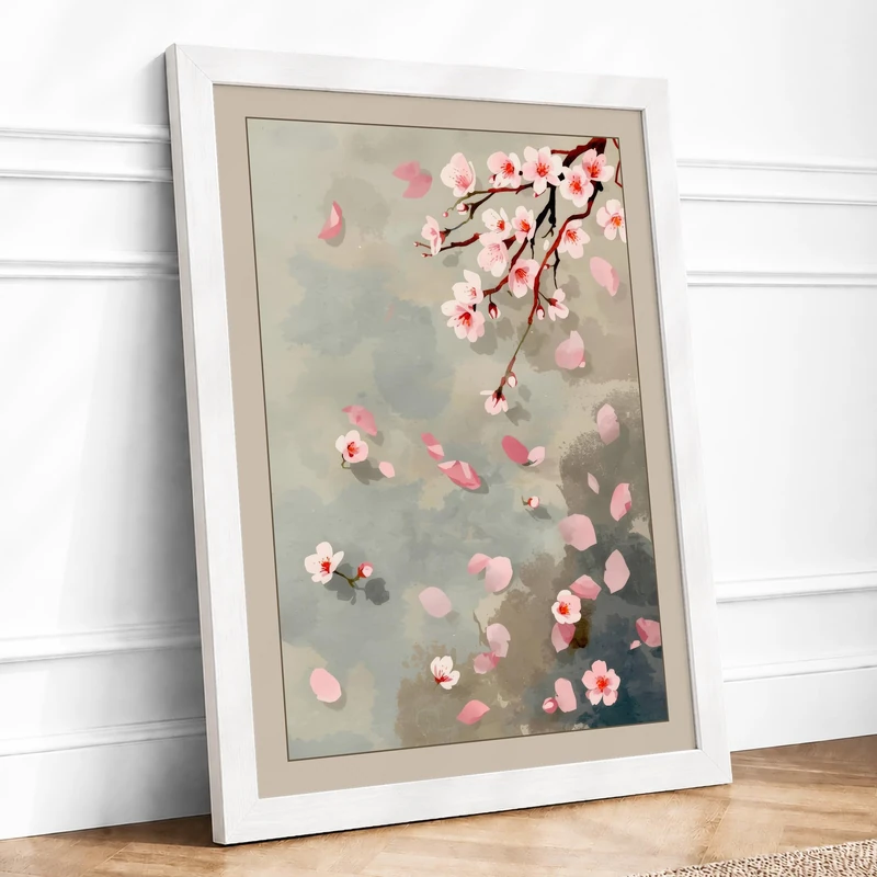Falling Cherry Blossom Botanical Framed Wall Art Print A1 (84.1×59.4cm) White, Wall Decor for Living Room, Bedroom, Office & Home, Ready to Hang, Art Gift