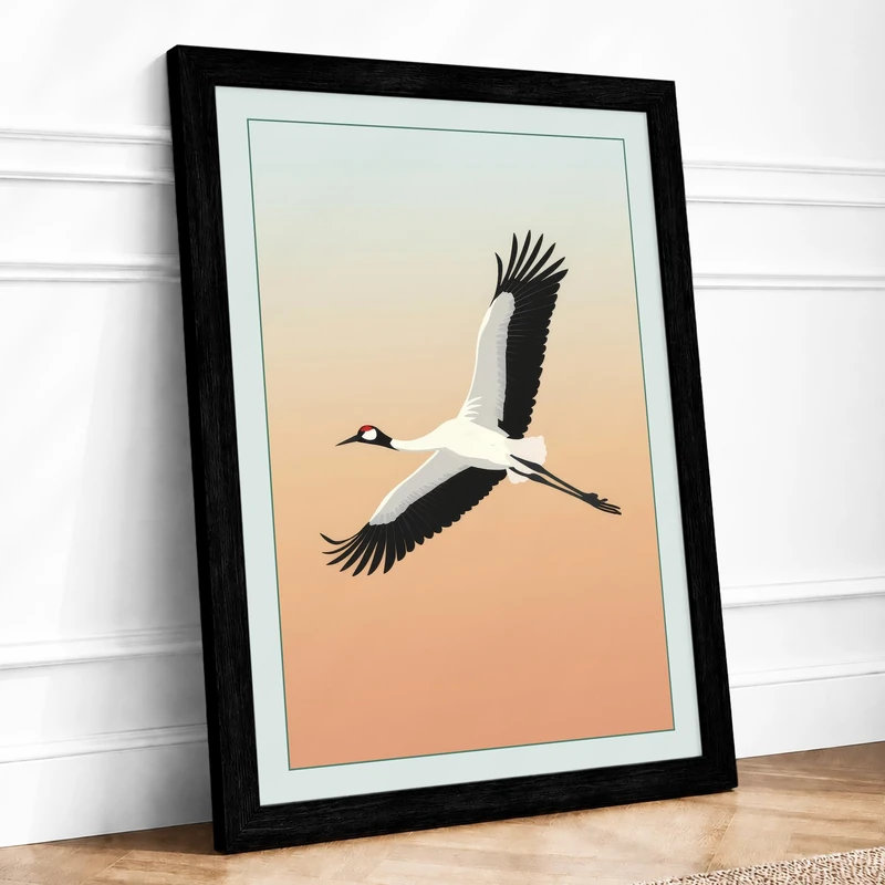 Crane in Flight Minimalist Framed Wall Art Print A1 (84.1×59.4cm) Black, Wall Decor for Living Room, Bedroom, Office & Home, Ready to Hang, Art Gift - Image 1