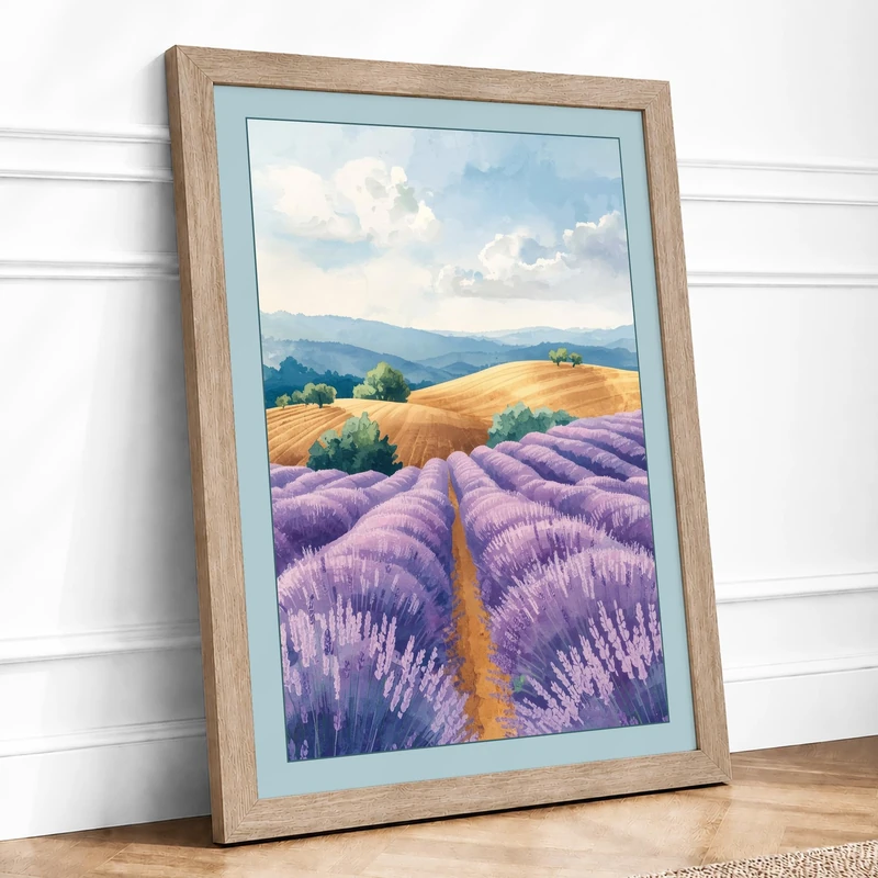 Lavender Fields at Sunrise Botanical Framed Wall Art Print A1 (84.1×59.4cm) Oak, Wall Decor for Living Room, Bedroom, Office & Home, Ready to Hang, Art Gift