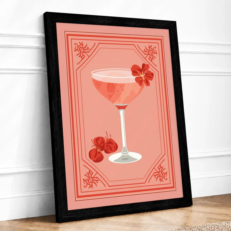 Rosé Cocktail Vintage Framed Wall Art Print A1 (84.1×59.4cm) Black, Wall Decor for Living Room, Bedroom, Office & Home, Ready to Hang, Art Gift