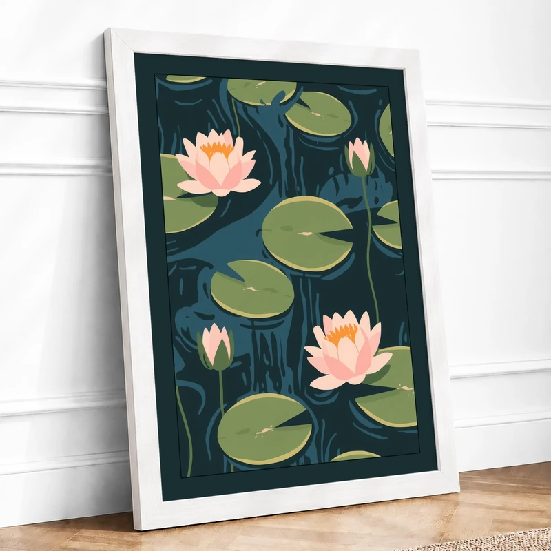 Water Lilies in Bloom Botanical Framed Wall Art Print A1 (84.1×59.4cm) White, Wall Decor for Living Room, Bedroom, Office & Home, Ready to Hang, Art Gift - Image 1