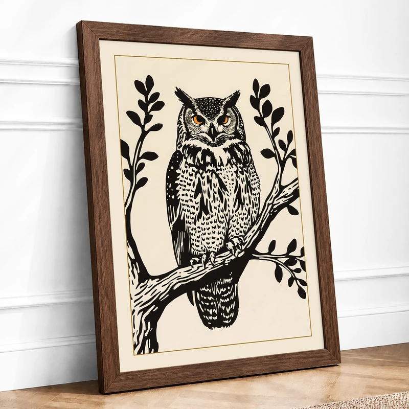 Owl in Balance Botanical Framed Wall Art Print A1 (84.1×59.4cm) Walnut, Wall Decor for Living Room, Bedroom, Office & Home, Ready to Hang, Art Gift - Image 1
