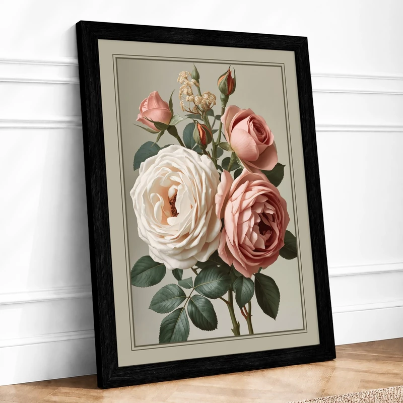 Rose Cluster Botanical Framed Wall Art Print A1 (84.1×59.4cm) Black, Wall Decor for Living Room, Bedroom, Office & Home, Ready to Hang, Art Gift