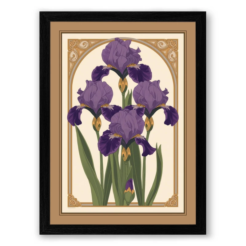 Purple Irises with Gold Frame Botanical Framed Wall Art Print A1 (84.1×59.4cm) Black, Wall Decor for Living Room, Bedroom, Office & Home, Ready to Hang, Art Gift