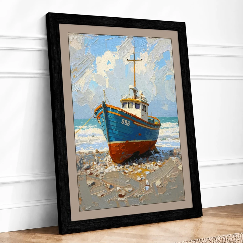 Beached Vessel at Rest Coastal Framed Wall Art Print A1 (84.1×59.4cm) Black, Wall Decor for Living Room, Bedroom, Office & Home, Ready to Hang, Art Gift - Image 1