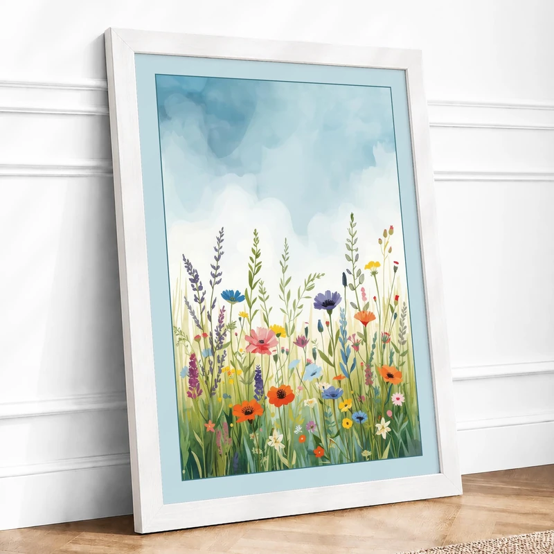 Wildflower Meadow Botanical Framed Wall Art Print A1 (84.1×59.4cm) White, Wall Decor for Living Room, Bedroom, Office & Home, Ready to Hang, Art Gift