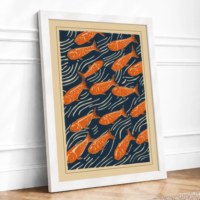 Swimming Fish Pattern Coastal Framed Wall Art Print A1 (84.1×59.4cm) White, Wall Decor for Living Room, Bedroom, Office & Home, Ready to Hang, Art Gift - Image 1