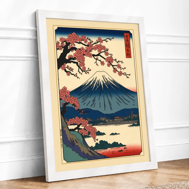 Mount Fuji with Cherry Blossoms Japandi Framed Wall Art Print A1 (84.1×59.4cm) White, Wall Decor for Living Room, Bedroom, Office & Home, Ready to Hang, Art Gift