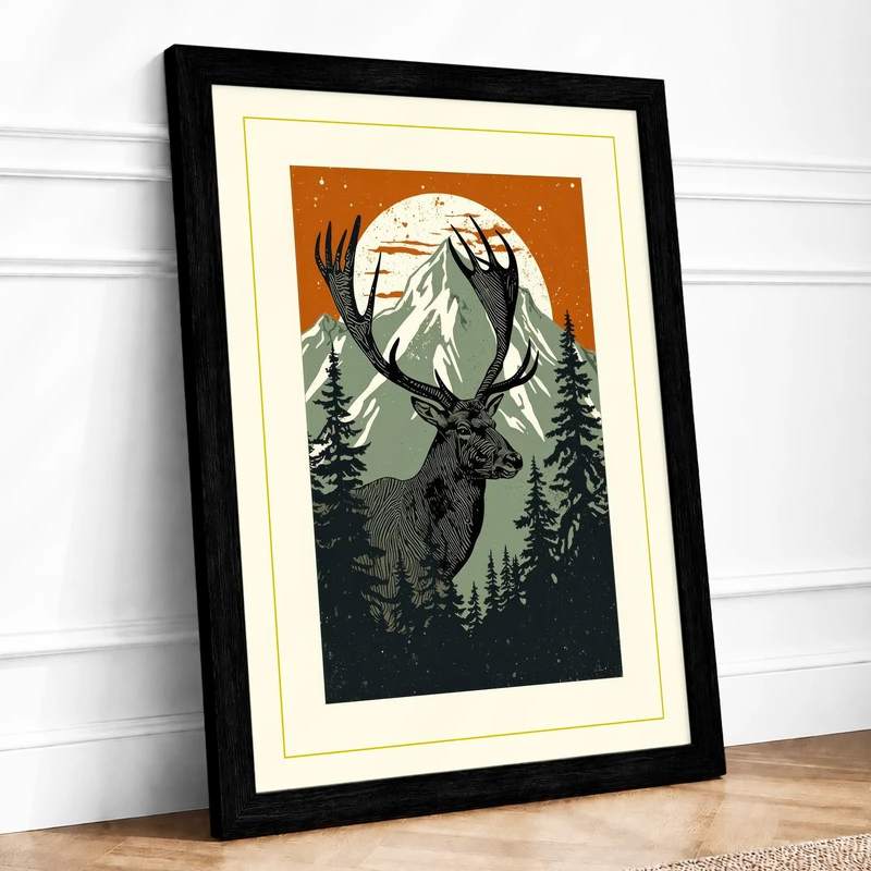 Deer Under Moonlight Rustic Framed Wall Art Print A1 (84.1×59.4cm) Black, Wall Decor for Living Room, Bedroom, Office & Home, Ready to Hang, Art Gift