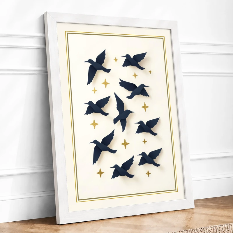 Midnight Birds in Flight Modern Framed Wall Art Print A1 (84.1×59.4cm) White, Wall Decor for Living Room, Bedroom, Office & Home, Ready to Hang, Art Gift - Image 1