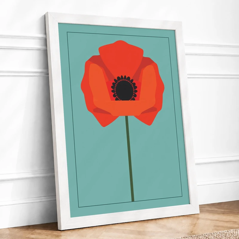 Solitary Poppy Botanical Framed Wall Art Print A1 (84.1×59.4cm) White, Wall Decor for Living Room, Bedroom, Office & Home, Ready to Hang, Art Gift