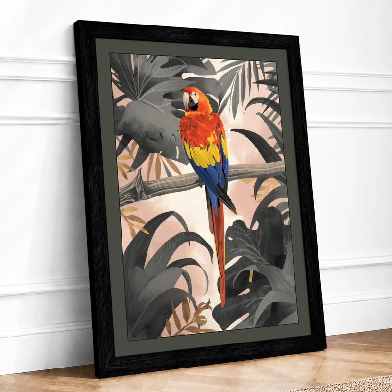 Macaw in Foliage Tropical Framed Wall Art Print A1 (84.1×59.4cm) Black, Wall Decor for Living Room, Bedroom, Office & Home, Ready to Hang, Art Gift - Image 1