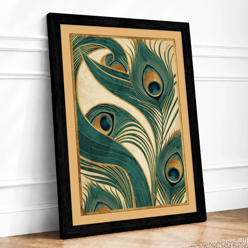 Peacock Feather Study Art Deco Framed Wall Art Print A1 (84.1×59.4cm) Black, Wall Decor for Living Room, Bedroom, Office & Home, Ready to Hang, Art Gift