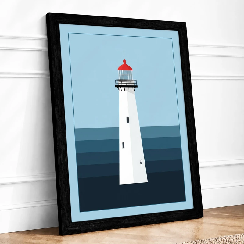 Lighthouse and Sea Minimalist Framed Wall Art Print A1 Black