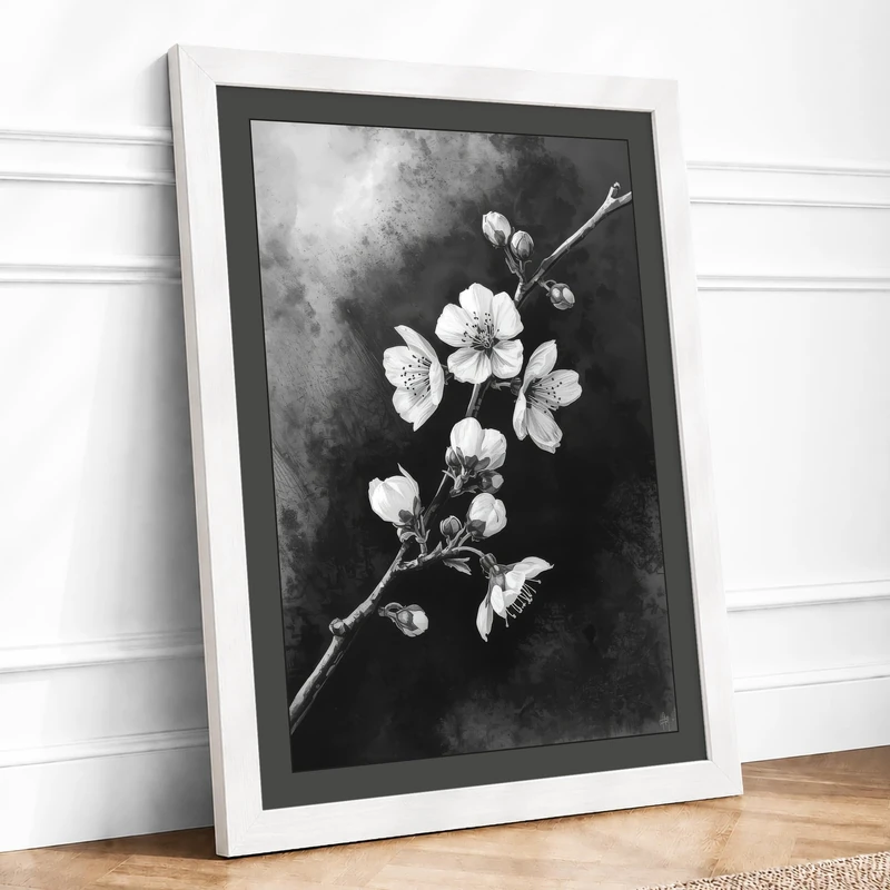 Moonlit Cherry Blossom Botanical Framed Wall Art Print A1 (84.1×59.4cm) White, Wall Decor for Living Room, Bedroom, Office & Home, Ready to Hang, Art Gift