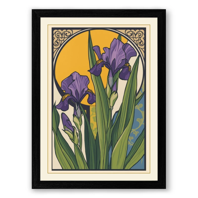 Purple Irises in Gold Botanical Framed Wall Art Print A1 (84.1×59.4cm) Black, Wall Decor for Living Room, Bedroom, Office & Home, Ready to Hang, Art Gift