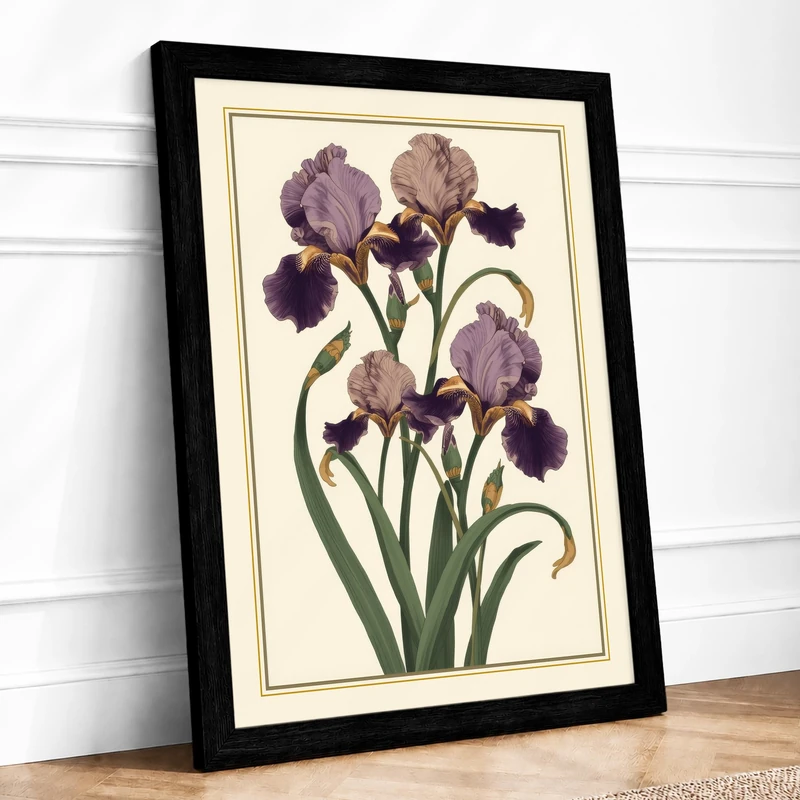 Iris Cluster Botanical Framed Wall Art Print A1 (84.1×59.4cm) Black, Wall Decor for Living Room, Bedroom, Office & Home, Ready to Hang, Art Gift