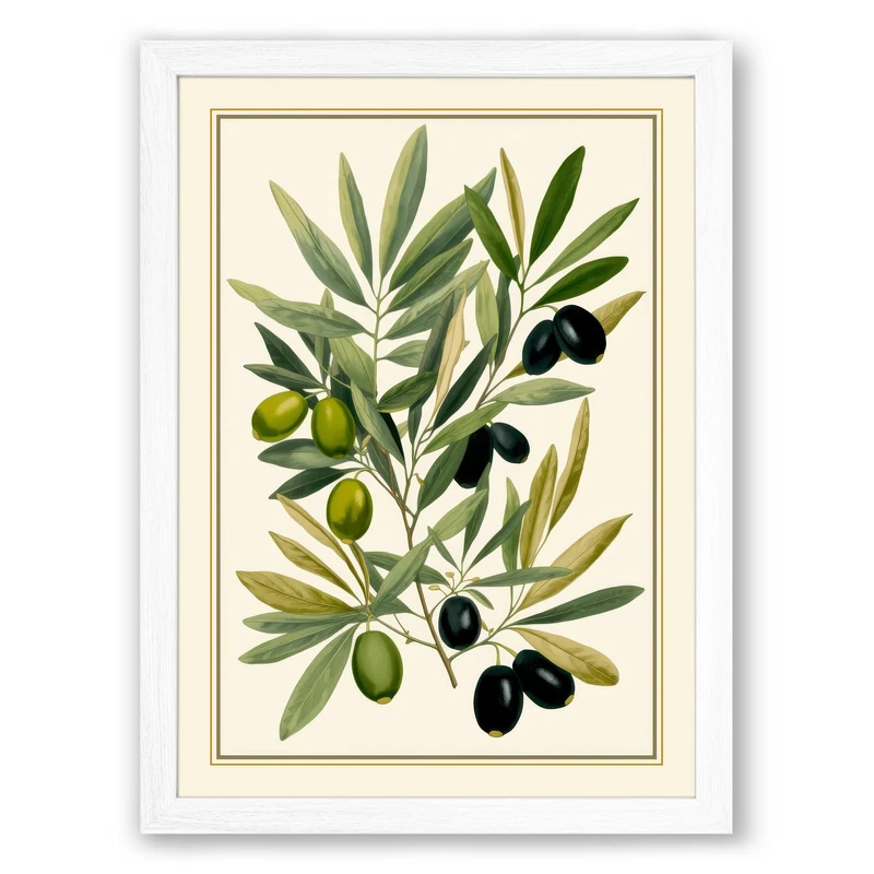 Olive Branch Study Botanical Framed Wall Art Print A1 (84.1×59.4cm) White, Wall Decor for Living Room, Bedroom, Office & Home, Ready to Hang, Art Gift