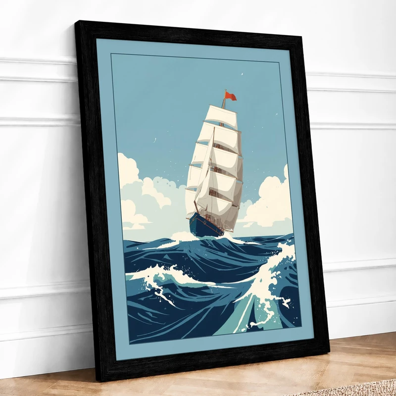 Sailing Through Seas Vintage Framed Wall Art Print A1 (84.1×59.4cm) Black, Wall Decor for Living Room, Bedroom, Office & Home, Ready to Hang, Art Gift
