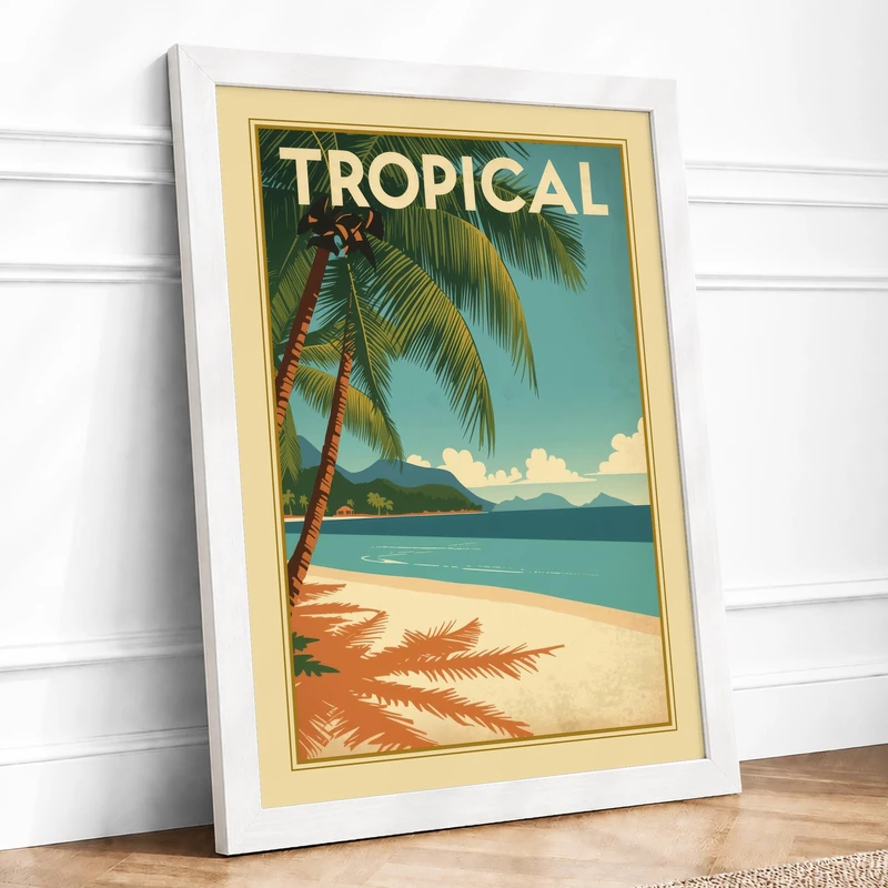 Tropical Paradise Vintage Framed Wall Art Print A1 (84.1×59.4cm) White, Wall Decor for Living Room, Bedroom, Office & Home, Ready to Hang, Art Gift