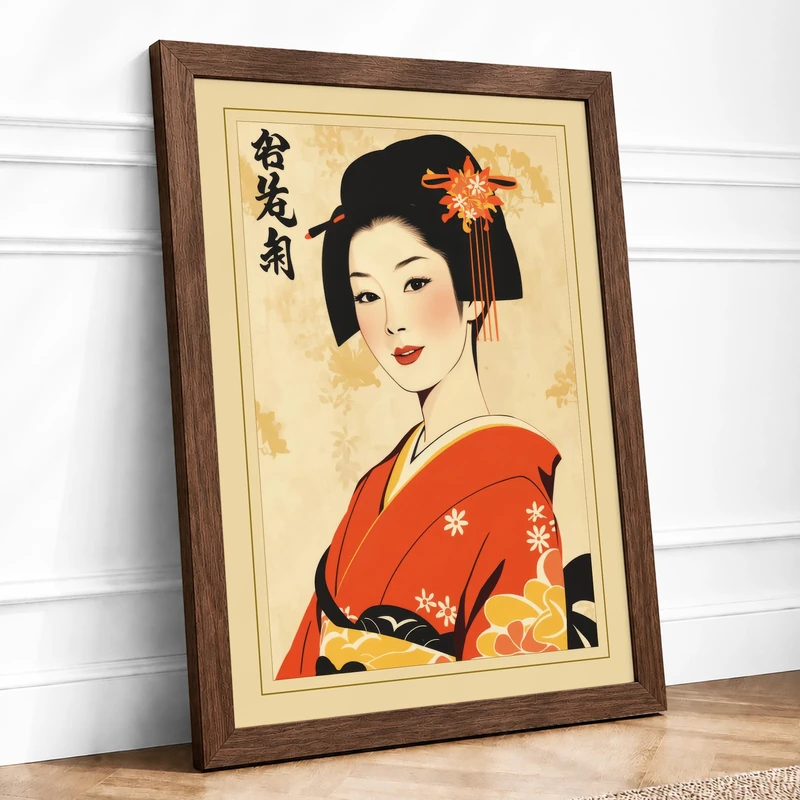 Portrait in Crimson Silk Japandi Framed Wall Art Print A1 (84.1×59.4cm) Walnut, Wall Decor for Living Room, Bedroom, Office & Home, Ready to Hang, Art Gift