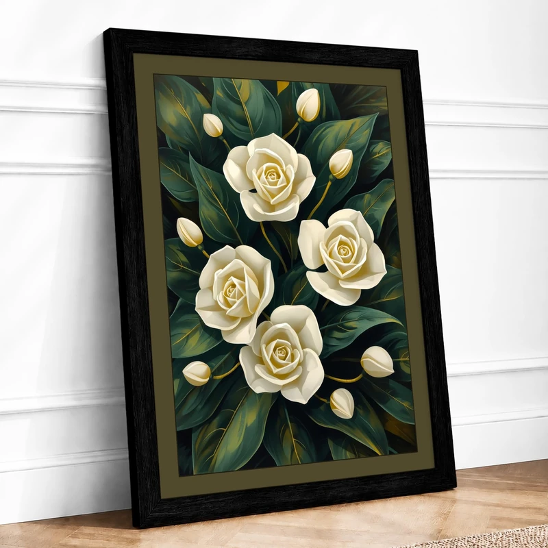 Pale Roses in Green Botanical Framed Wall Art Print A1 (84.1×59.4cm) Black, Wall Decor for Living Room, Bedroom, Office & Home, Ready to Hang, Art Gift - Image 1