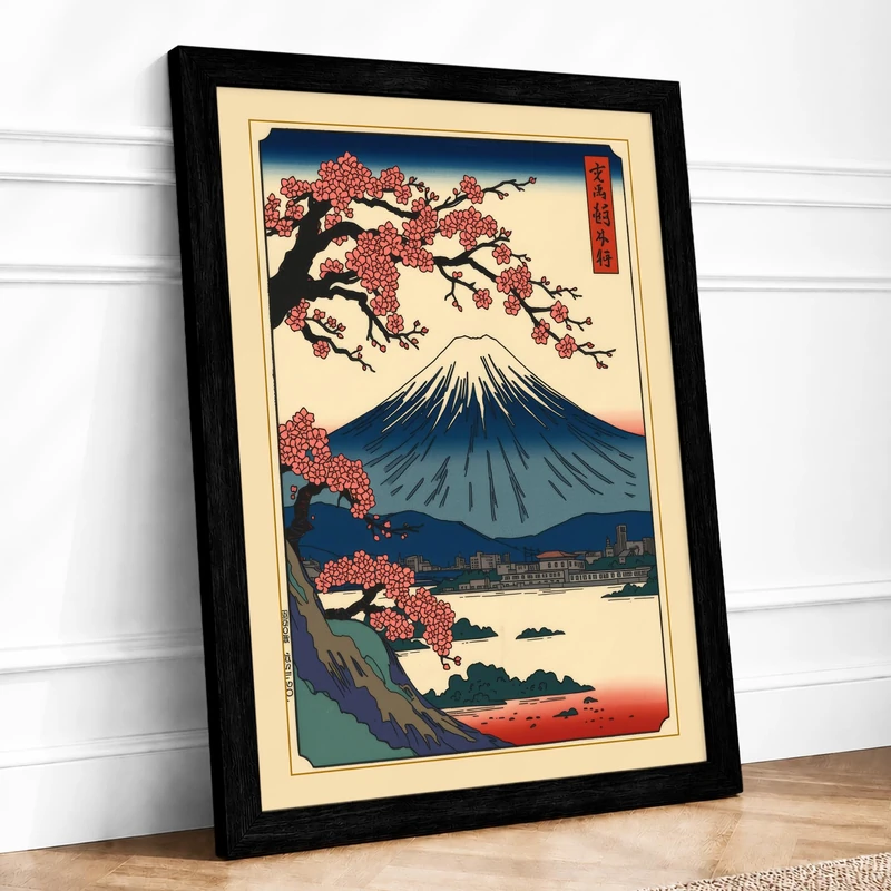 Mount Fuji with Cherry Blossoms Japandi Framed Wall Art Print A1 (84.1×59.4cm) Black, Wall Decor for Living Room, Bedroom, Office & Home, Ready to Hang, Art Gift - Image 1