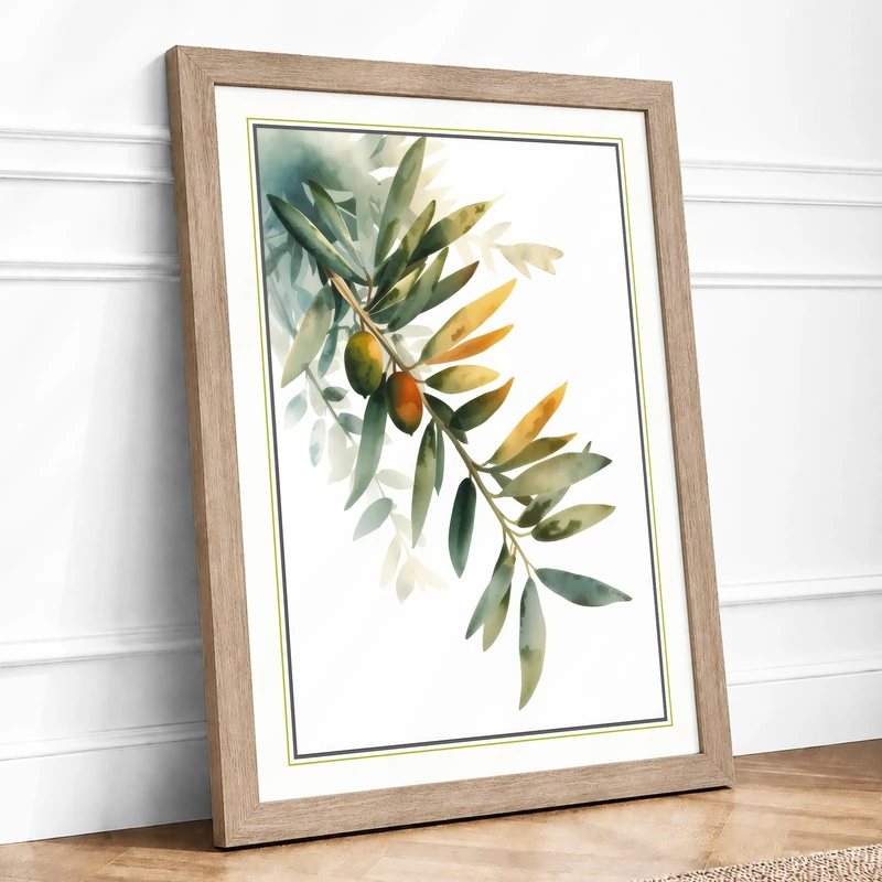 Olive Branch Botanical Framed Wall Art Print A1 (84.1×59.4cm) Oak, Wall Decor for Living Room, Bedroom, Office & Home, Ready to Hang, Art Gift - Image 1
