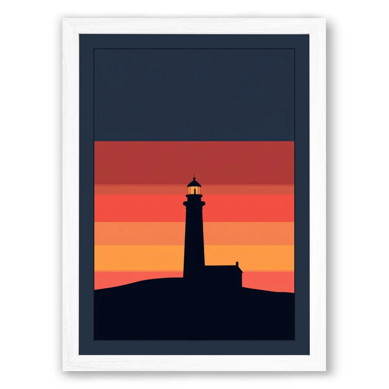 Lighthouse at Dusk Minimalist Framed Wall Art Print A1 (84.1×59.4cm) White, Wall Decor for Living Room, Bedroom, Office & Home, Ready to Hang, Art Gift