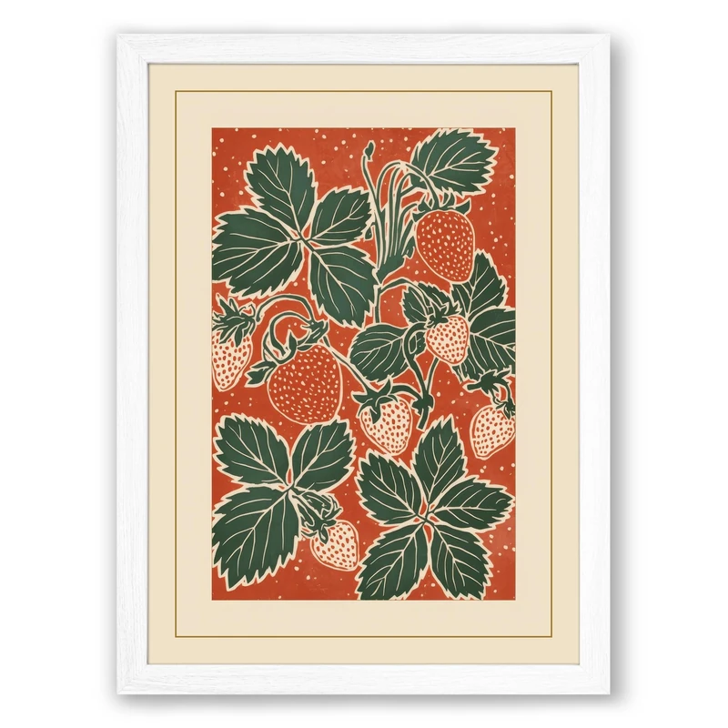 Strawberry Botanical Framed Wall Art Print A1 (84.1×59.4cm) White, Wall Decor for Living Room, Bedroom, Office & Home, Ready to Hang, Art Gift